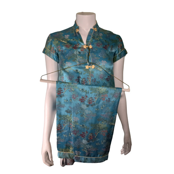 Vntg Peony Shanghai China Silk Jacquard 2pc Set XS Oriental Lounge Quietlux - Picture 4 of 16